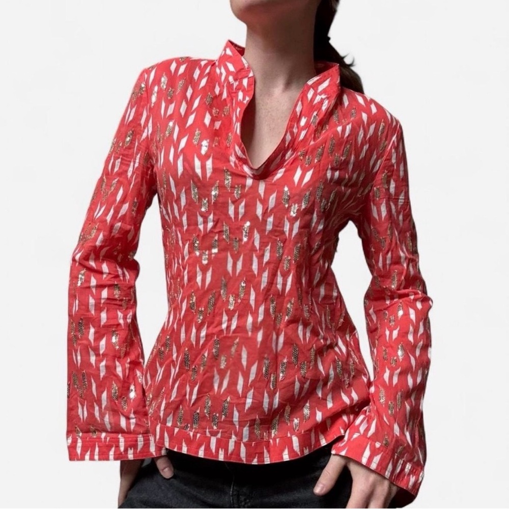 Tory Burch Bergdorf Goodman Coral Gold Sequined Tunic Size 6